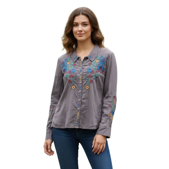 Johnny Was One Of A Kind Sample Taupe Embroidered Button Down Blouse Size S - Picture 1 of 9